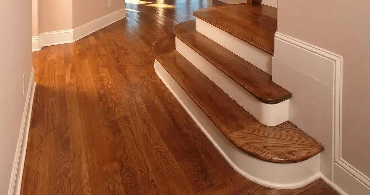 Base floor of a staircase with professionally restored wood flooring in Baton Rouge LA