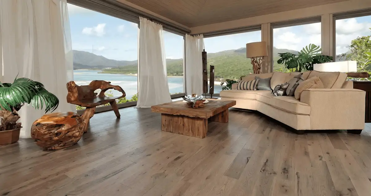 Professionally installed vinyl flooring in a modern living room with large windows in Baton Rouge, LA